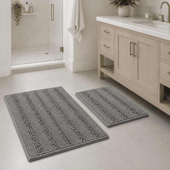 PrimeBeau Absorbent Bath Mats, Shaggy Chenille, Thick Floor Mats, Set of 2, Dove Color
