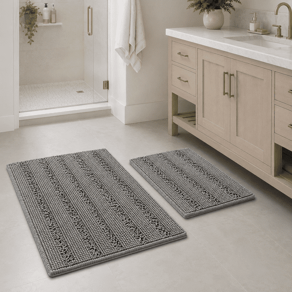 PrimeBeau Absorbent Bath Mats, Shaggy Chenille, Thick Floor Mats, Set of 2, Dove Color