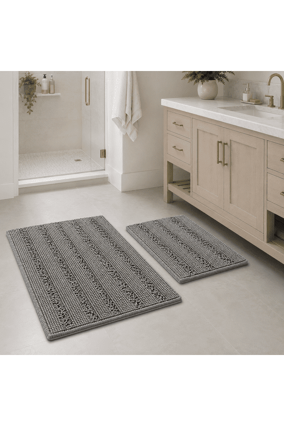 Absorbent Bath Mats, Shaggy Chenille, Thick Floor Mats, Set of 2, Dove Color