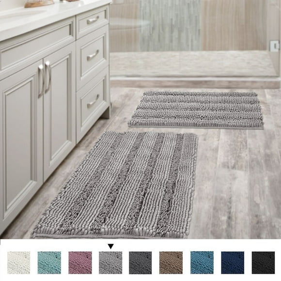 PrimeBeau Absorbent Bath Mats, Shaggy Chenille, Thick Floor Mats, Set of 2, Dove