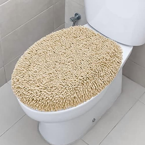 Shaggy Chenille Bathroom Toilet Lid Cover, Ultra Soft Plush Seat Covers, Fluffy Absorbent, 19x21 Inches, Standard Toilet Lids for Bathroom Machine Wash & Dry, Beige