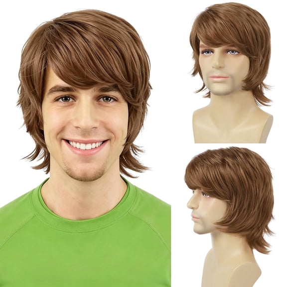 Shaggy Costume Mens Brown Wig Short Layered Heat Resistant Synthetic Wigs for 60s 70s Male Daily Party Cosplay Halloween Use (Mix Brown)