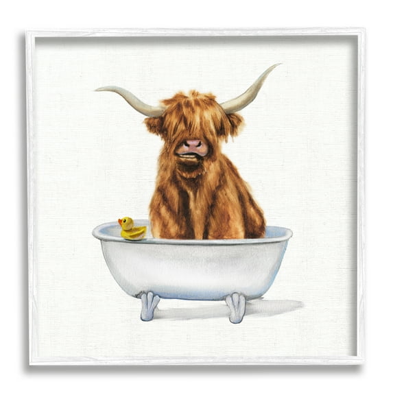 Shaggy Country Cattle in Bathtub Rubber Duck Animals & Insects Framed Art Print Wall Art, 17x17