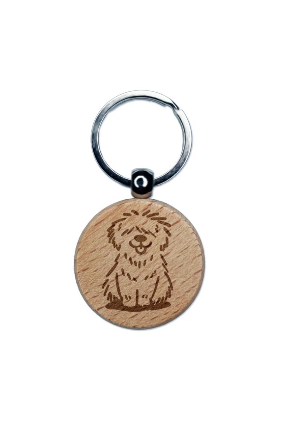 Shaggy Dog Sheepdog Sketch Fluffy Hairy Pet Round Keychain Charm Tag - Engraved Wood