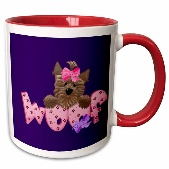 3drose, Shaggy Dog with Pink Woof, 15oz Two-tone Red Mug