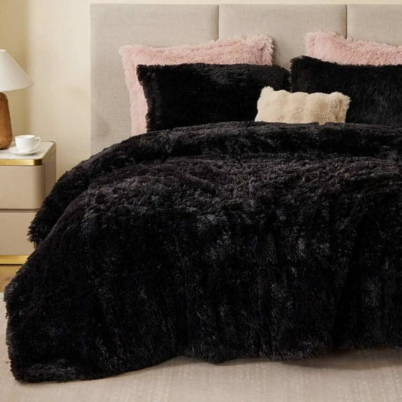 Shaggy Faux Fur 2/3-Piece Bedding Comforter Set - Ultra-Soft Fluffy, Modern Casual Style, Matching Sham, All-Season Home Textile for Contemporary Bedrooms
