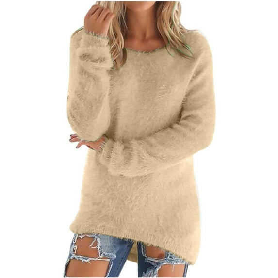 Shaggy Fleece Sweater Tunic Top Womens Winter Warm Plus Size Thermal Underwear Crew Neck Long Sleeve Pullover S-5XL (3X-Large, Beige)