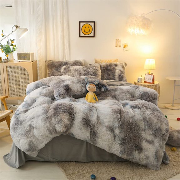 Shaggy Fluffy Duvet Cover Set Full Size Ultra Soft Faux Fur Plush Comforter Cover Set Luxurious Fuzzy Bedding Set 3Pcs (1Duvet Cover + 2Pillow Shams) with Zipper Closure (Gray White Tie Dye)