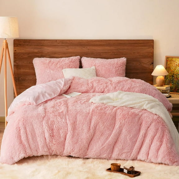 Shaggy Fluffy Faux Fur Duvet Cover Set King Size,Luxury Warm Plush Comforter Cover for Winter Fall,3PCS Soft Lightweight Velvet Cozy Bedding Set with Furry Pillowcases,Aesthetic Room Decor,Pink