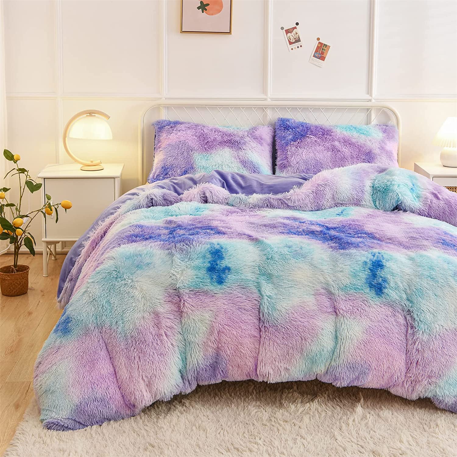 Shaggy Fluffy Faux Fur Duvet Cover Set, Tie Dye Style,Softest, Luxury