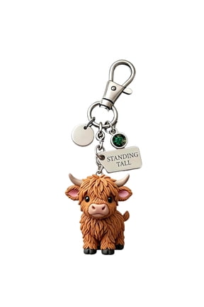Shaggy Highland Cow Keychain, Minimalist Animal Key Ring with Leather Accent, Durable Daily Carry Accessory, Symbolic Gift for Strength and Calmness