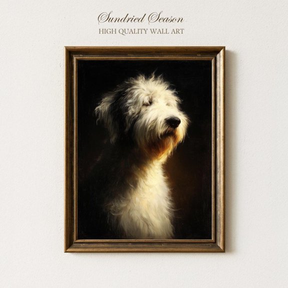 Shaggy Old English Sheepdog Portrait Long-Haired Pet Rustic Decor, Unframed Paper Poster 24x36in