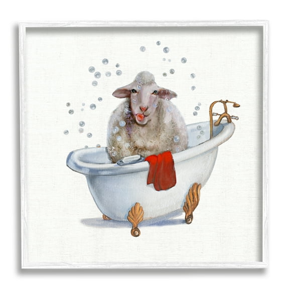 Shaggy Sheep in Bubble Bath Playful Farm Animal Animals & Insects Framed Art Print Wall Art, 17x17
