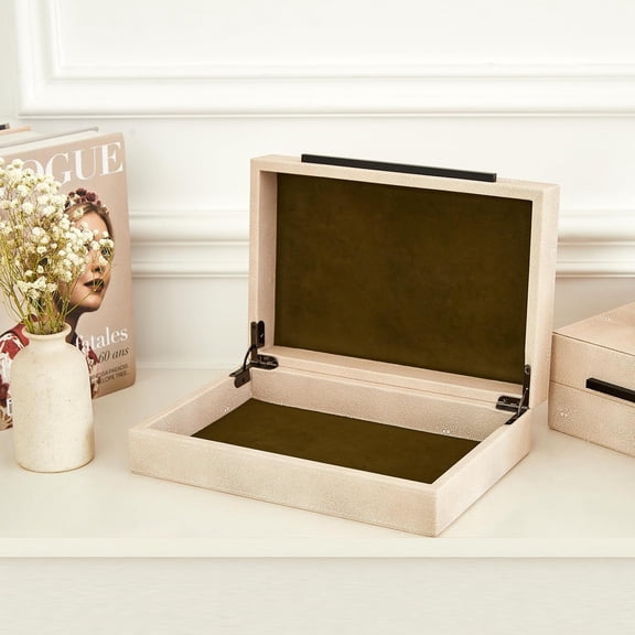 Shagreen Decorative Boxes Set of 2, Leather Jewelry Storage Box Modern Storage Boxes with Lids, Ivory Stacking Boxes with Black Metal Handles Home Organizer Box