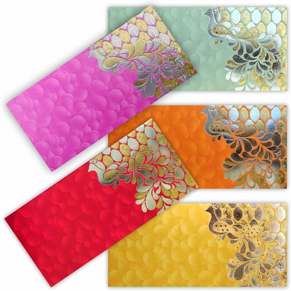 Shagun Gift Envelope for Cash (Pack of 50) 7.5" x 3.5" | Peacock Feather Gold Silver Foil Stamping Assorted Color Money Holder Card for Christmas Diwali Birthday Wedding Graduation