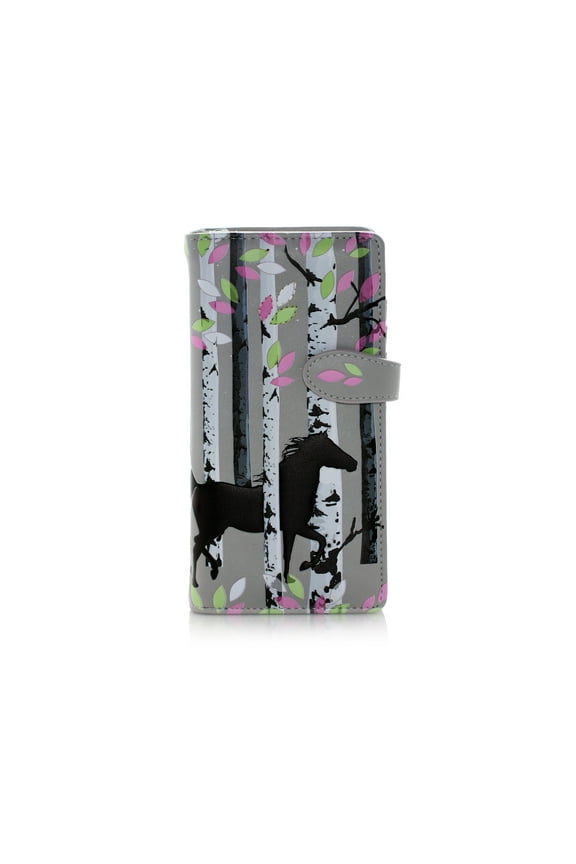 Forest Horse Pattern Large Zipper Women's Wallet (Grey) Faux Leather, Adult
