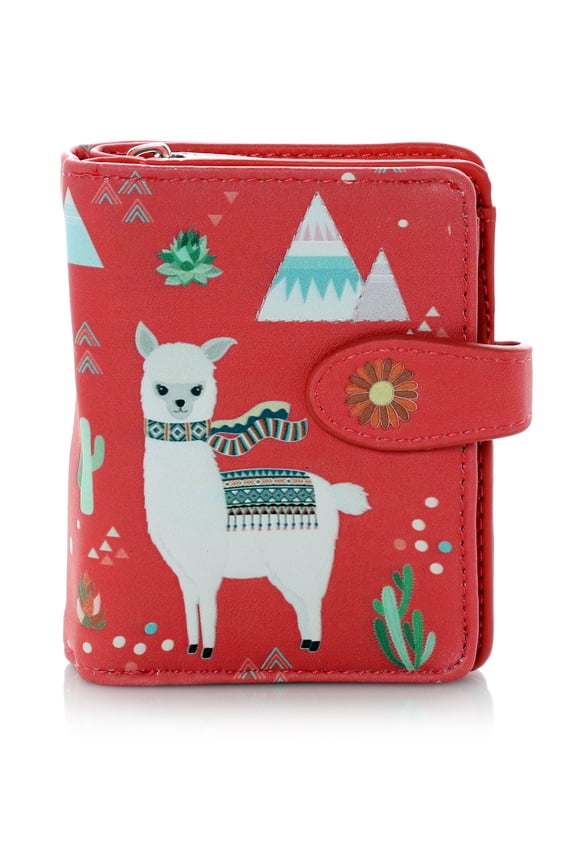 Llama Pattern Small Zipper Womens Wallet, Coral Faux Leather, Adult