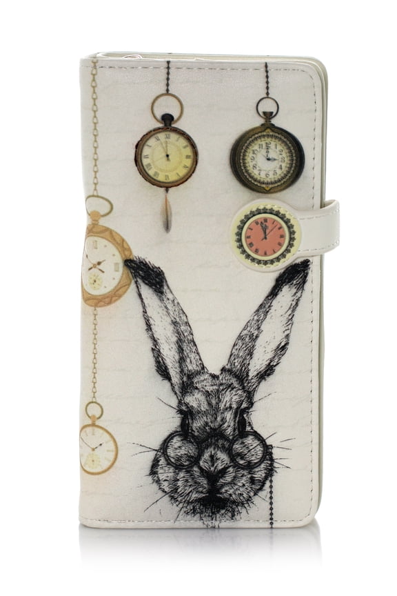 Pocket Watch Rabbit Pattern Large Zipper Womens Wallet (Cream) Faux Leather, Adult