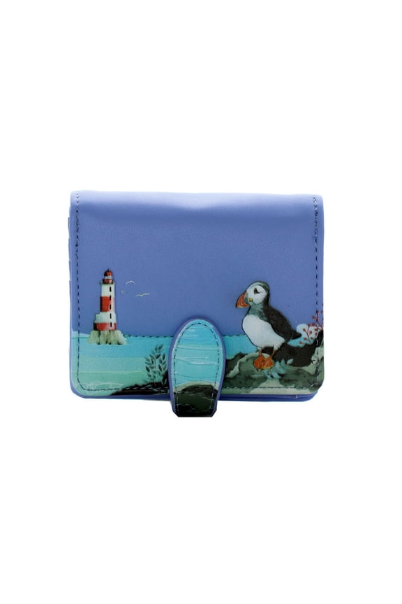 Puffin Pattern Small Zipper Women's Wallet, Blue Faux Leather, Adult