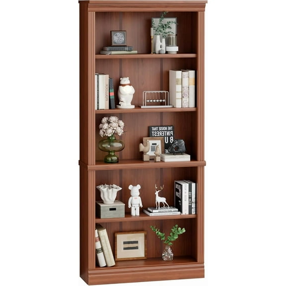 Shahoo 72" Bookcase and Bookshelf, 5-Tier Wood Bookcases with Shelves, Tall Floor Standing Book Shelf Storage Cabinet Home Decor Furniture for Living Room, Home Office, Cherry Brown, 1Pcs