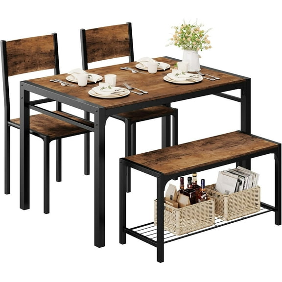 Shahoo Kitchen Table and 2 Chairs for 4 with Bench, 4 Piece Dining Sets for Small Space, Brown
