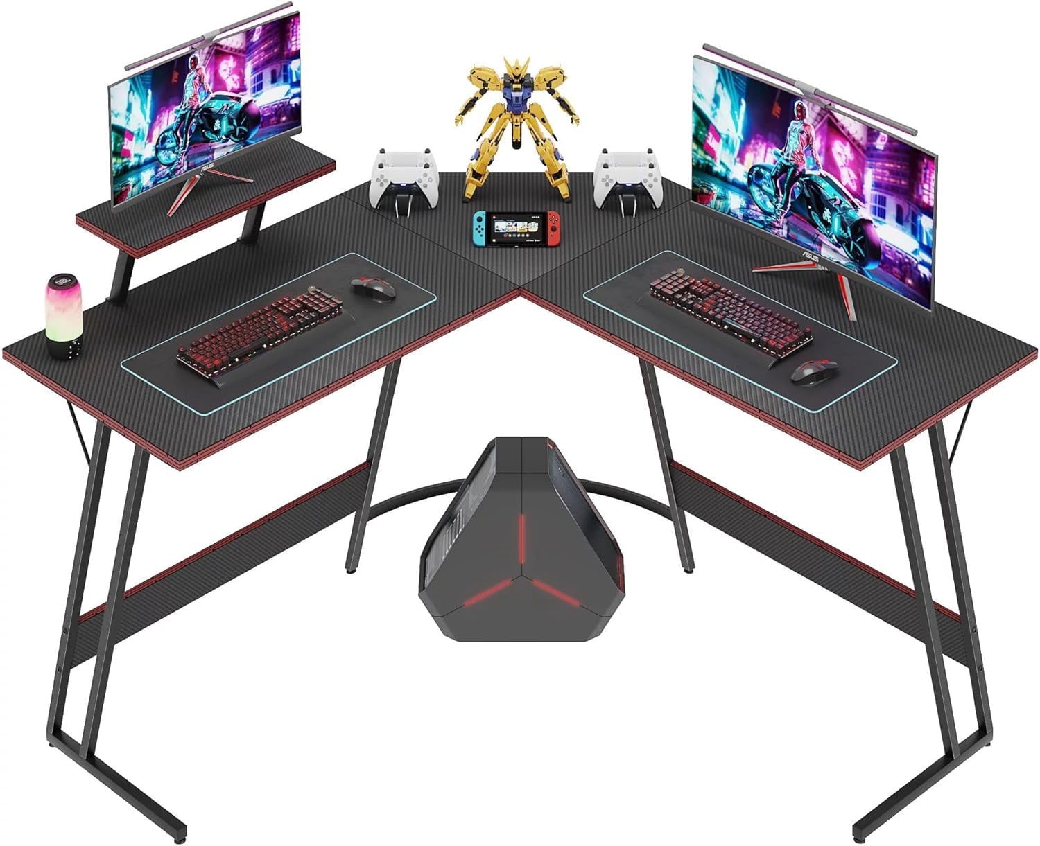 Shahoo L Shaped Gaming Desk, 47 Inch Computer Corner Table with Large Monitor Stand & Carbon Fiber Surface for Home Office Study Writing Workstation, 47 in, Black