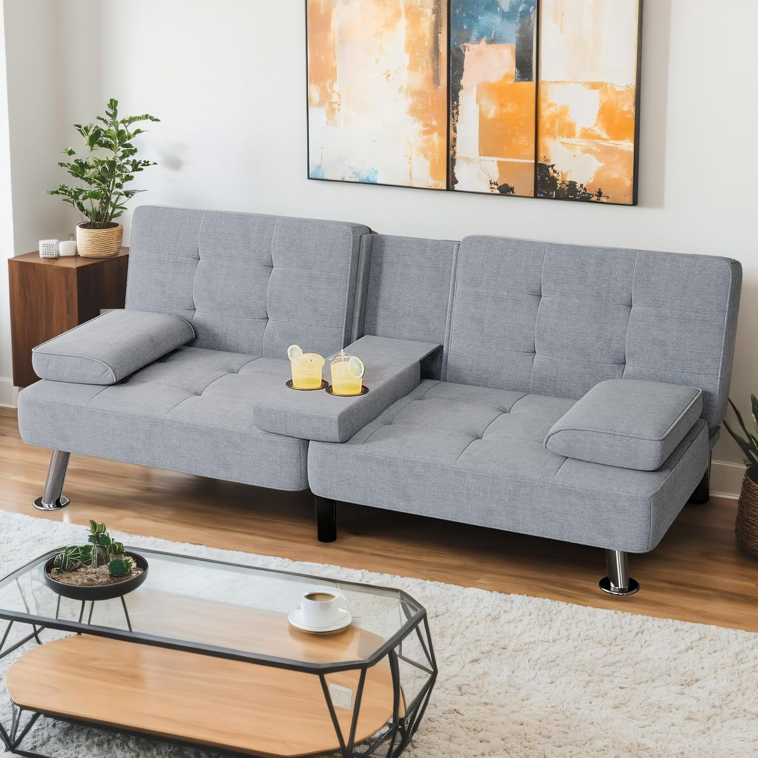 Shahoo Modern Linen Upholstered Convertible Folding Futon Sofa Bed with ...