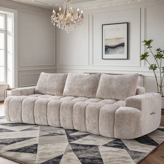 Shaiaield 100" Oversized Boneless Compressed Sofa with 3 Large Back Cushion,Modern Upholstered Tufted Cloud Couch,Deep Seat Boucle Sofa for Living Room(Camel/Gray)