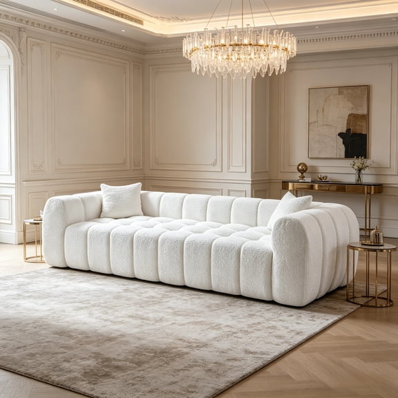 Shaiaield 103" White Large Cloud Puff Couch with 2 Throw Pillows,Deep Seat Boucle Sofa,Upholstered 4 Seater Comfy Couch for Living Room