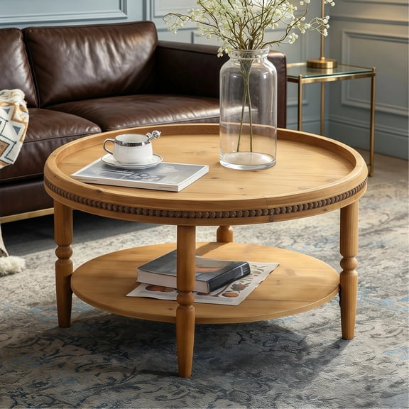 Shaiaield 31.3" Round Coffee Table with Storage,2 Tier Coffee Table with Beaded Trim & Curved Solid Wood Legs,Boho Coffee Tables for Living Room,Natural