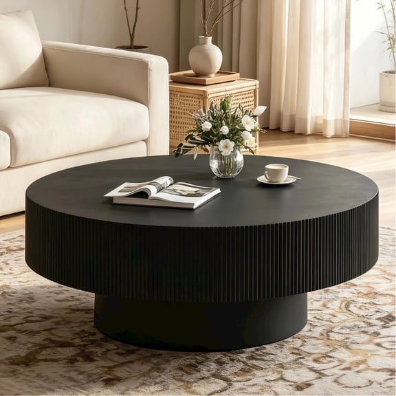 Shaiaield 31.5" Black Round Coffee Table with 6.8" Thick Tabletop,Farmhouse Fluted Center Table with Sturdy Base,Minimalist Drum Coffee Table for Living Room