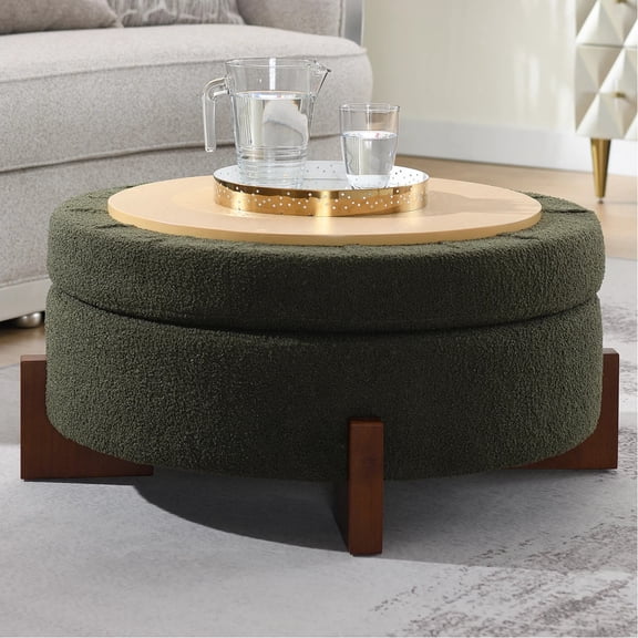 Shaiaield 33" Green Round Storage Foot Stool Ottoman with Walnut Wooden Leg and Teddy Fabric,Sponge Padded Seat,Hidden Storage Compartment,Versatile Round Design,Walnut Wood Leg