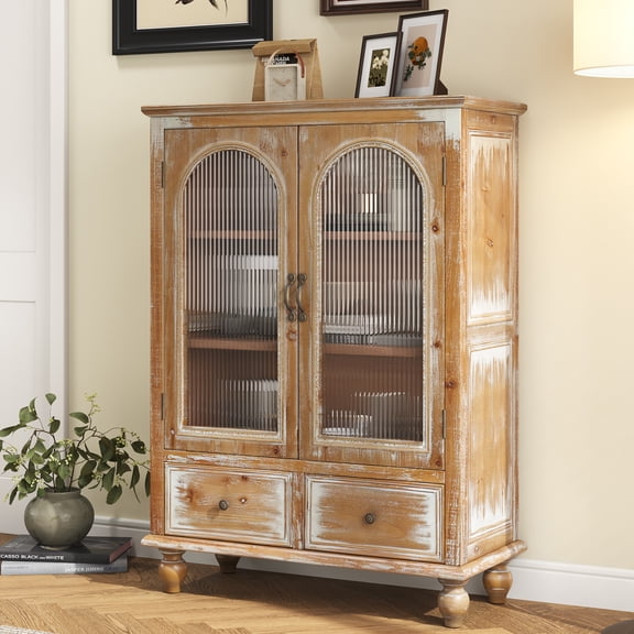 Shaiaield 34.6" Farmhouse Storage Cabinet with 2 Glass Doors & 2 Drawers,Rustic Storage Cabinet with Shelves,Freestanding Small Buffet Cabinet for Living Room, Dining Room(Antique Brown+White)