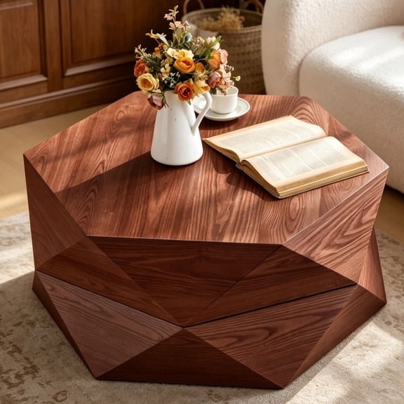 Shaiaield 36.6" Reddish Brown Hexagonal Coffee Table with Lift-Top Storage Design,Unique Coffee Table with 3D Sculptural Faceting,Wood Center Table for Living Room