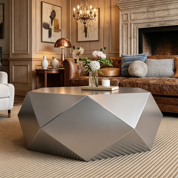 Shaiaield 39.4" Geometric Coffee Table with Diamond Shaped,Silver Metal Coffee Table,Luxury Stainless Steel Coffee Table for Living Room