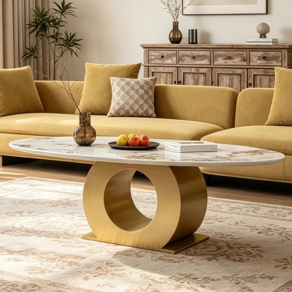 Shaiaield 49.2" Gold Coffee Table with Faux Marble Top,Oval Coffee Table with Stainless Steel O-Shaped Base,Modern Unique Coffee Tables for Living Room