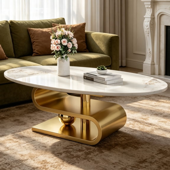 Shaiaield 49.2" Golden Faux Marble Oval Coffee Table with S-shaped Base and Faux Marble Top,Stainless Steel Base,Unique Base Design,Oval Shaped