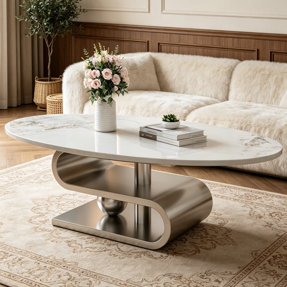 Shaiaield 49.2" Silver Faux Marble Oval Coffee Table with S-shaped Base and Faux Marble Top,Stainless Steel Base,Unique Base Design,Oval Shaped