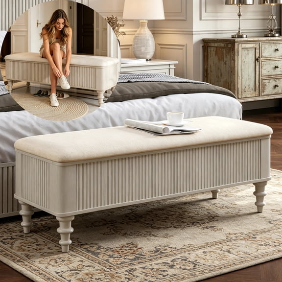Shaiaield 50" Bedroom Storage Bench Wood with Fluted,Upholstered Entryway Bench with Storage,Beige Window Bench for Living Room