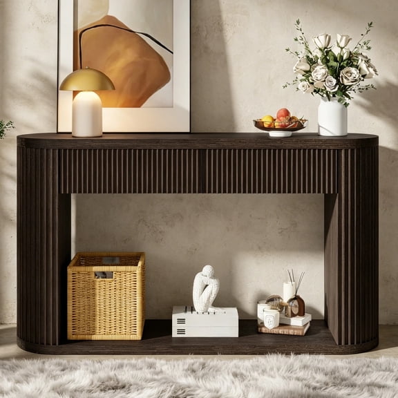 Shaiaield 53'' Fluted Entryway Table with 2 Drawers and Bottom Shelf,Farmhouse Entryway Table with Smooth Metal Slides,Wooden Sofa Table for Living Room, Entryway(Espresso)
