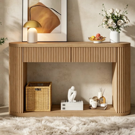 Shaiaield 53'' Natural Entryway Table with 2 Drawers and Bottom Shelf,Vintage Entryway Table with Smooth Metal Slides,Wooden Oval Console Table for Living Room, Entryway