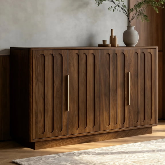 Shaiaield 55" Walnut Sideboard Buffet Cabinet with Adjustable Shelves,Modern Fluted Buffet Cabinet with 4 Doors,Wooden Storage Cabinets for Living Room
