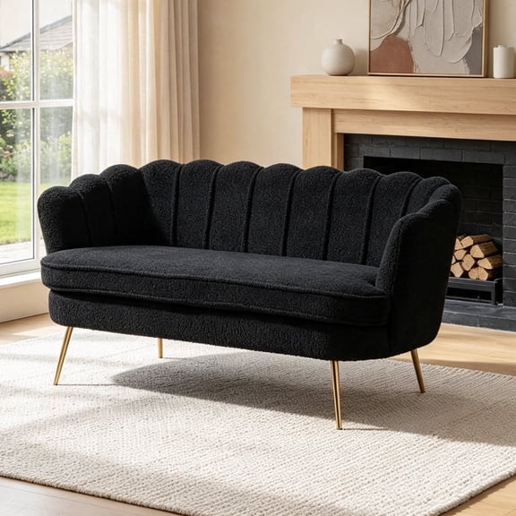 Shaiaield 59" Black Boucle Loveseat with Golden Legs,Small Chenille Fabric Couch with Channel‑Tufted Backrest,Upholstered 2-Seater Sofa for Living Room