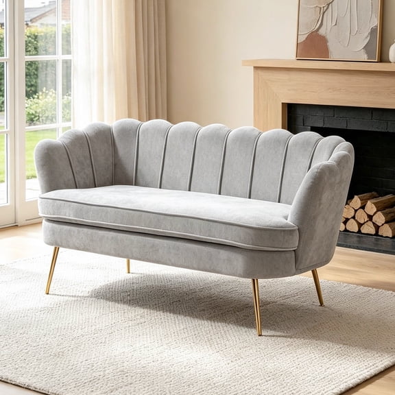 Shaiaield 59" Gray Small Loveseat with Golden Legs and Channel‑Tufted Backrest,Modern Chenille Loveseat Sofa,Boucle Loveseat Couch for Living Room