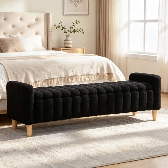 Shaiaield 63" Black End of Bed Bench with Storage,Wave Channel Tufted Queen Size End of Bed Storage Bench with Armrests & Solid Wood Legs,Modern Storage Ottoman For Bedroom,Living Room