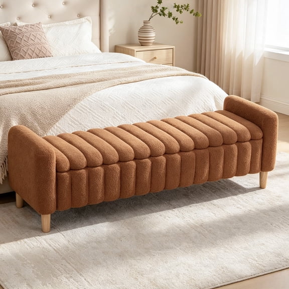 Shaiaield 63" Brown End of Bed Bench with Storage,Upholstered Channel Tufted Foot of Bed Storage Bench with Armrests & Solid Wood Legs,Queen Size Storage Ottoman For Bedroom,Living Room