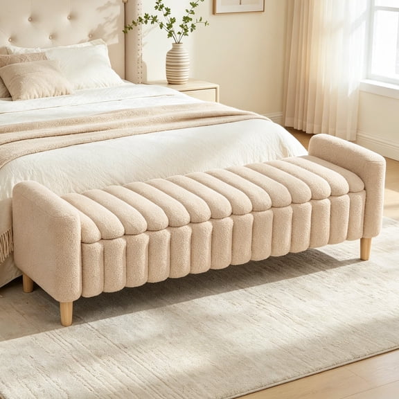 Shaiaield 63" Flip Top End of Bed Bench with Storage,Wave Channel Tufted Bay Window Bench with Armrests & Solid Wood Legs,Boucle Storage Ottoman For Bedroom,Living Room(Wheat)