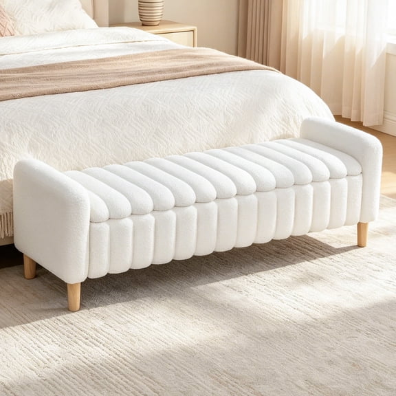 Shaiaield 63" White End of Bed Bench with Storage,Channel Tufted Upholstered End of Bed Bench with Armrests & Solid Wood Legs,Modern Flip Top Storage Ottoman For Bedroom,Living Room