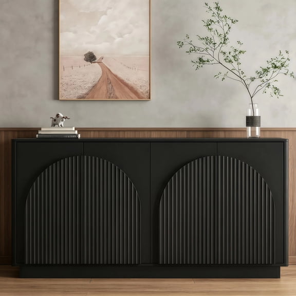 Shaiaield 64" Black Sideboard Buffet Cabinet with Adjustable Shelves,Modern Fluted Storage Cabinet with 4 Doors,Large Buffet Cabinets for Living Room