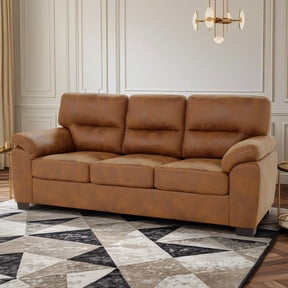 Shaiaield 81" Light Brown PU Leather Living Room Sofa,Modern Upholstered Couch with Wide Armrests and Large Back Cushions,Small Apartment Couch for Living Room